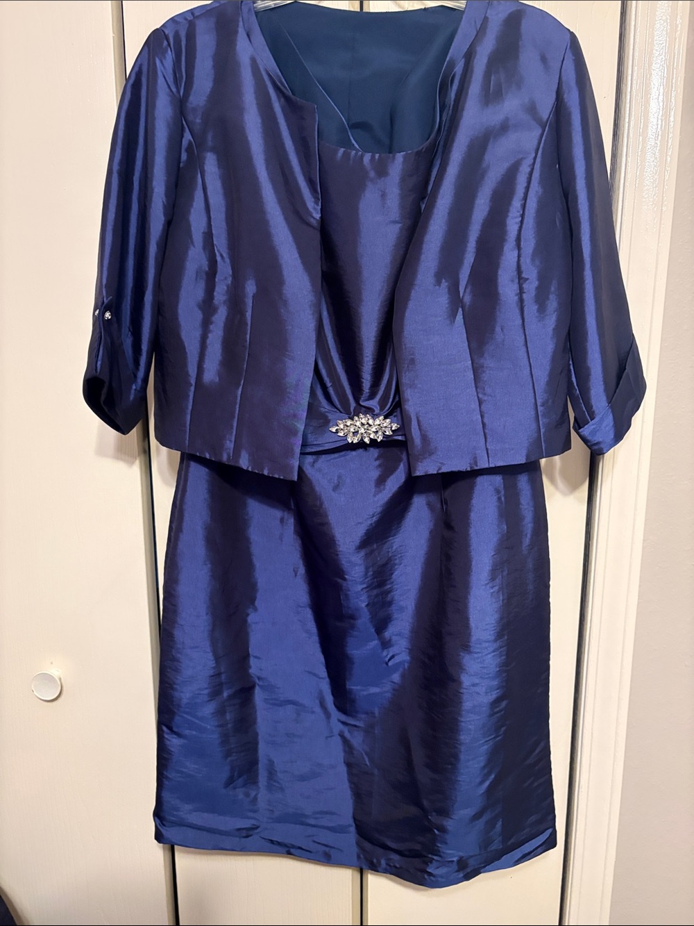 Elegant Navy Blue Satin Dress & Jacket Set with Embellished Waist